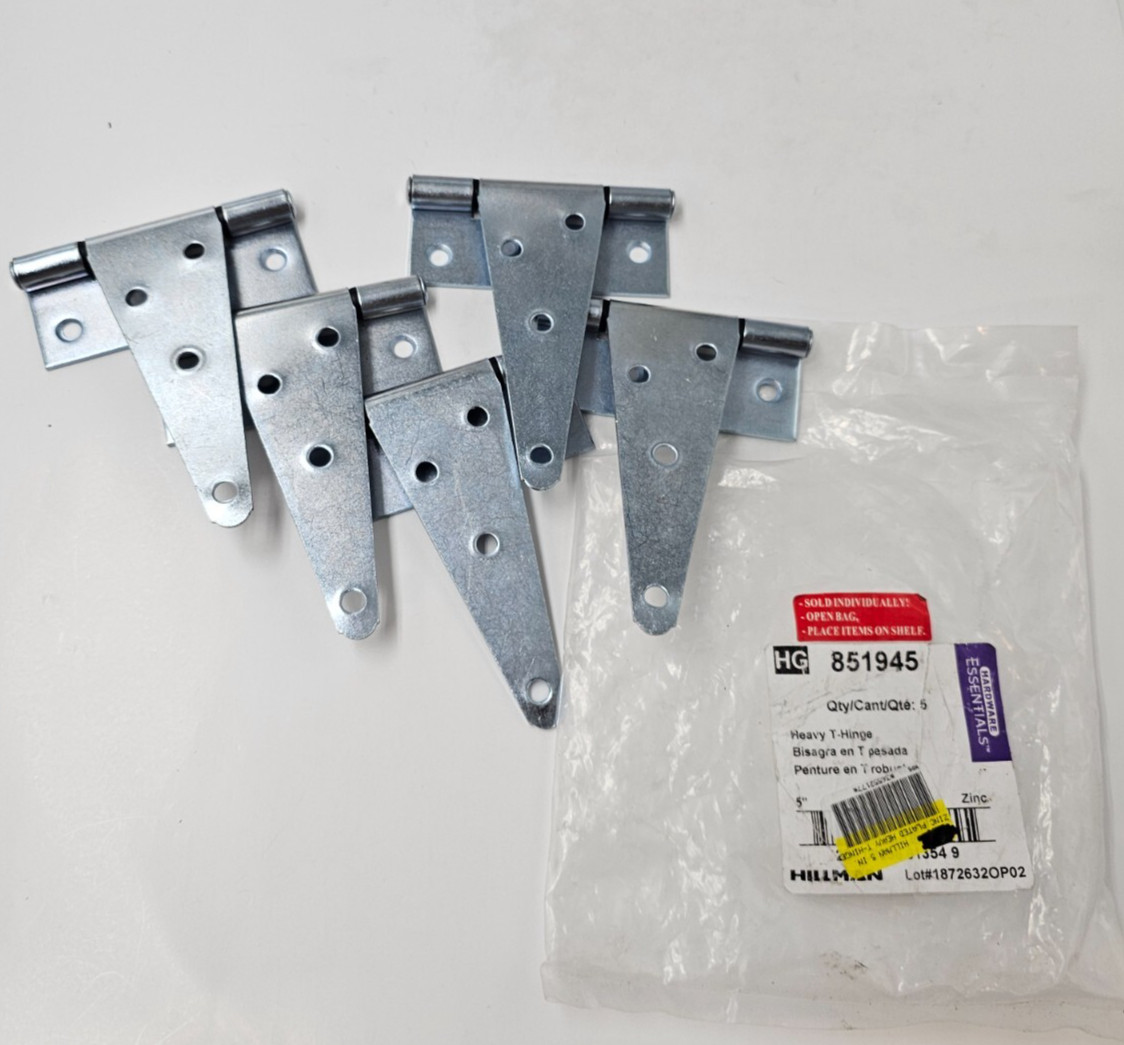 (QTY 5) Hillman 851945 Essential Hardware 5" Zinc Plated Heavy T-Hinge
