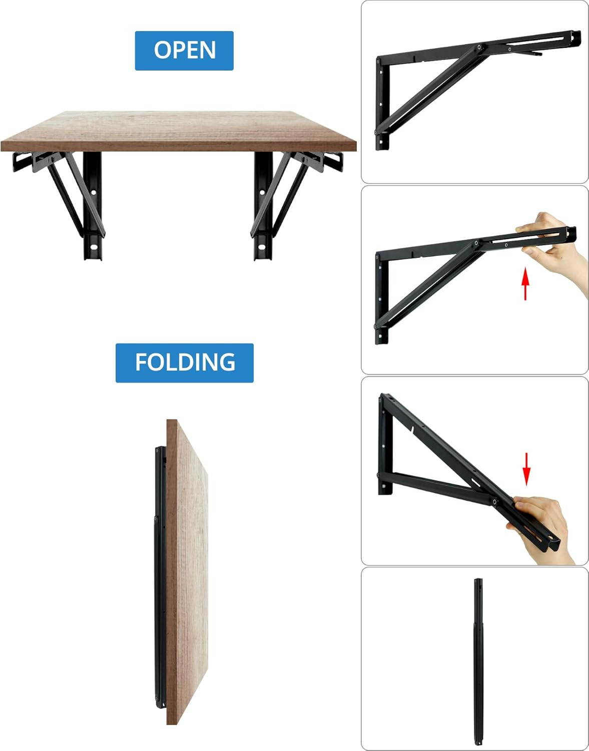 24” Folding Shelf Brackets Heavy Duty Wall Table Bench Support 330lbs 2Pk Black.