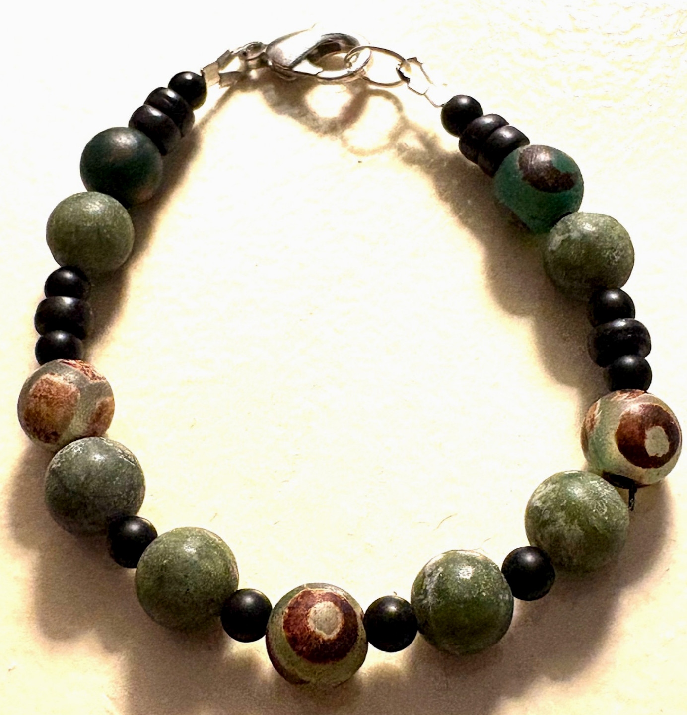 Tibetan DZI Agate/Green Jade/Black Onyx/Black Howlite Gemstone Bracelet - 7"