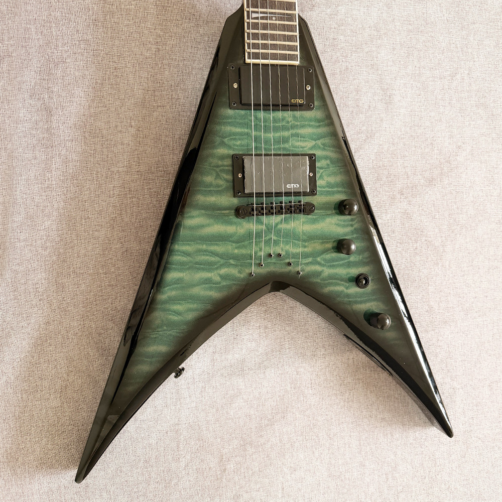 Green Burst Flying V Style Electric Guitar 6-String 24F Quilted Maple Top solid