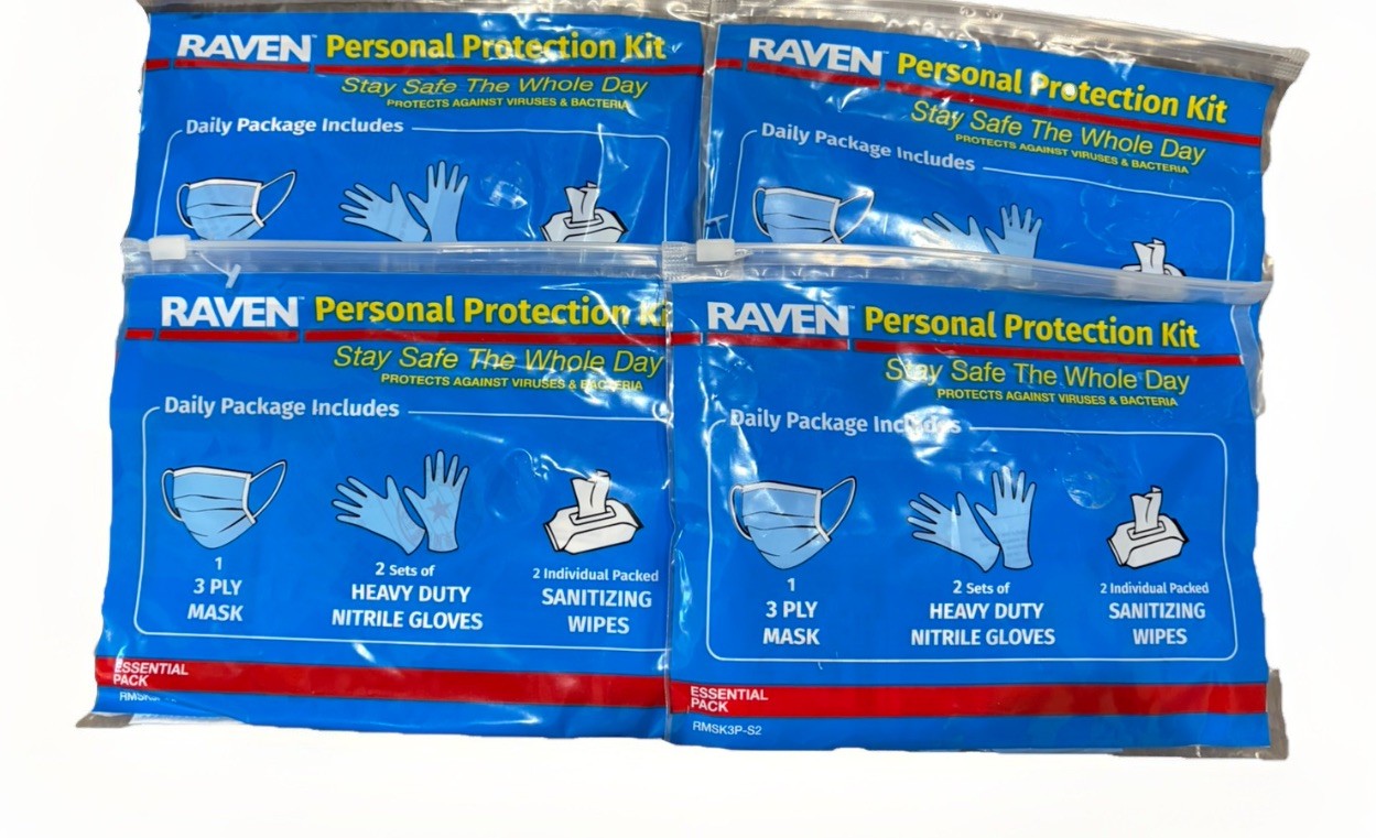 Raven Personal Protection Kit 4 Pack Mask Gloves Sanitizing Wipes Travel Set