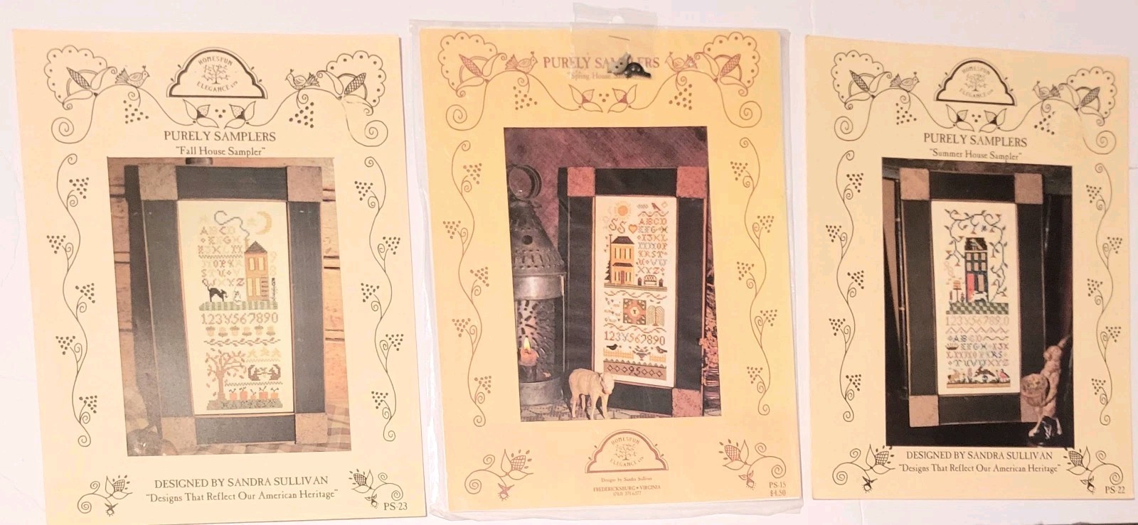 3 HOMESPUN ELEGANCE SPRING, SUMMER AND FALL HOUSE PURELY SAMPLER PATTERNS, NEW