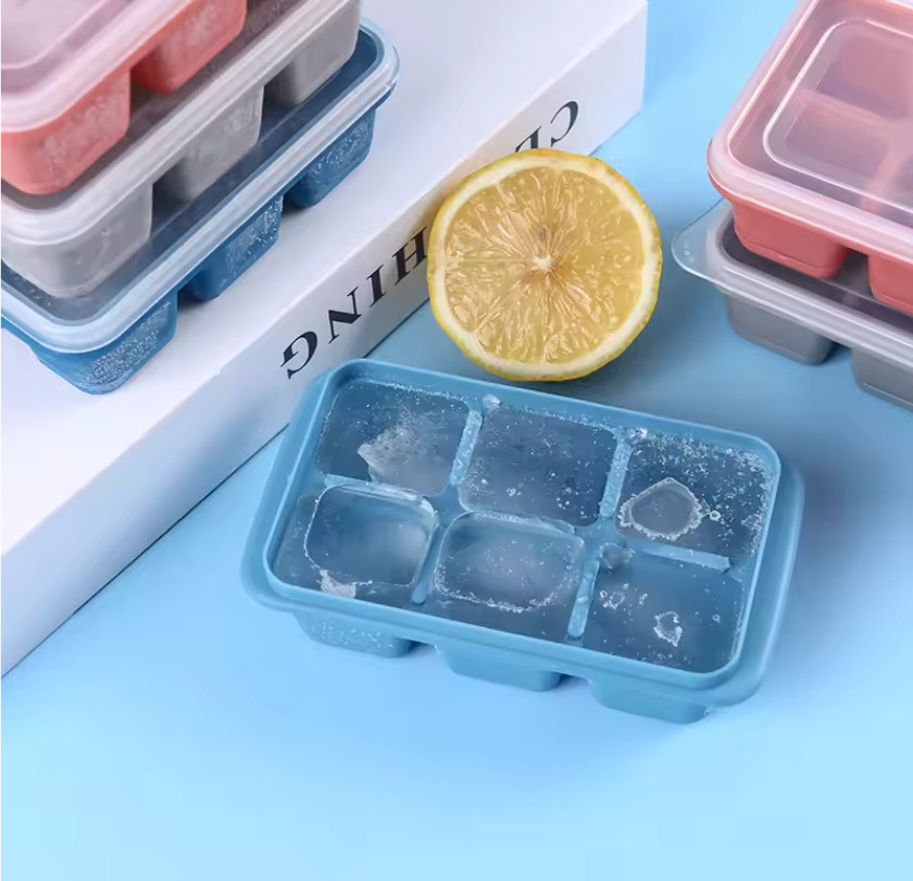 🧊 Silicone Ice Cube Tray – 6 Grid Reusable Mold with Lid