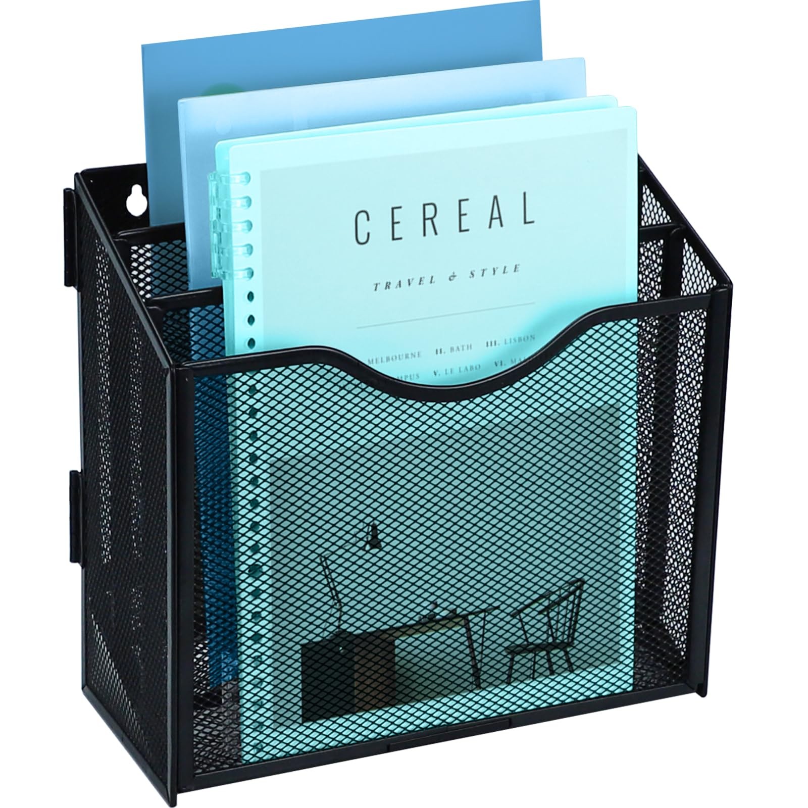 Black Metal 3 Compartments Vertical Desk File Organizer Wall Mounted Holder