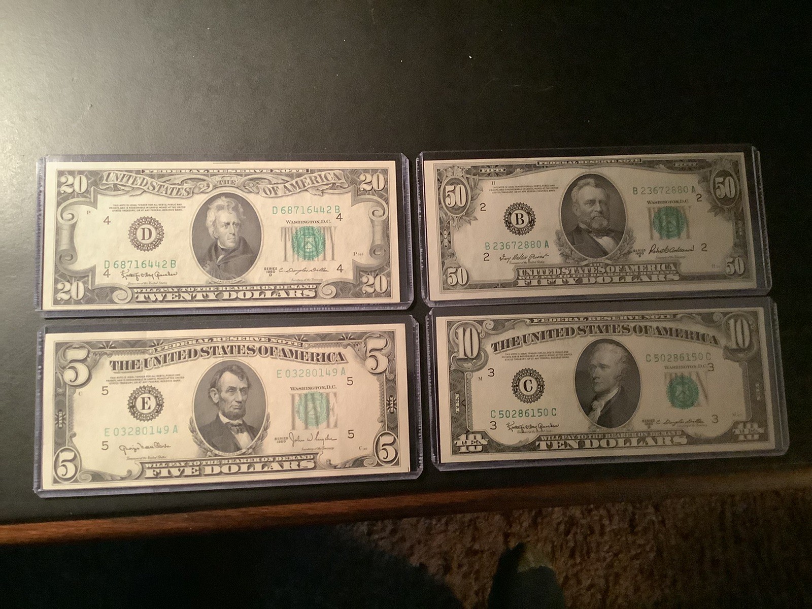 1950 Vintage Currency . ( $50,$20,$10, and $5.)