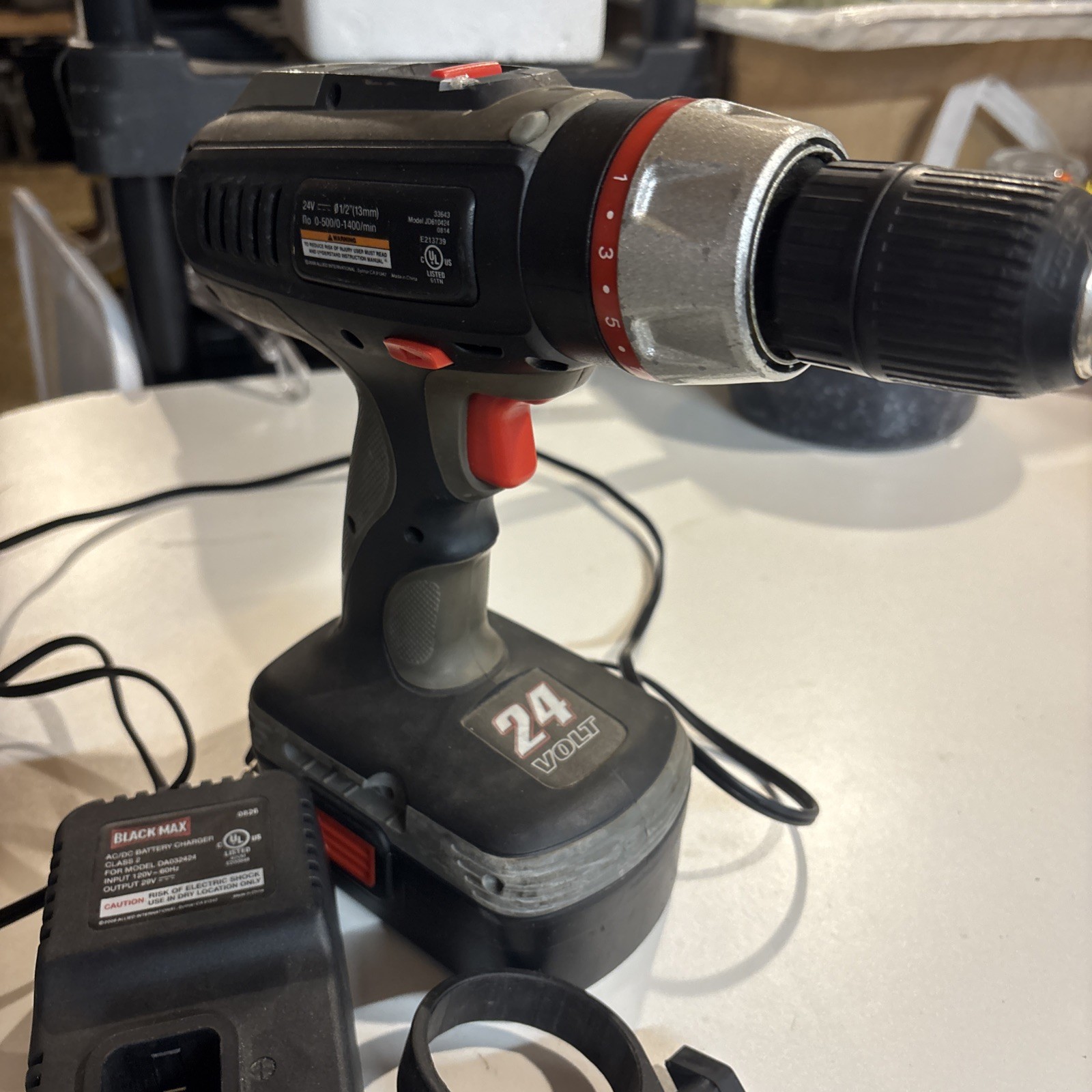 Black Max 24V Cordless Drill Driver w/ Weak Battery & Charger