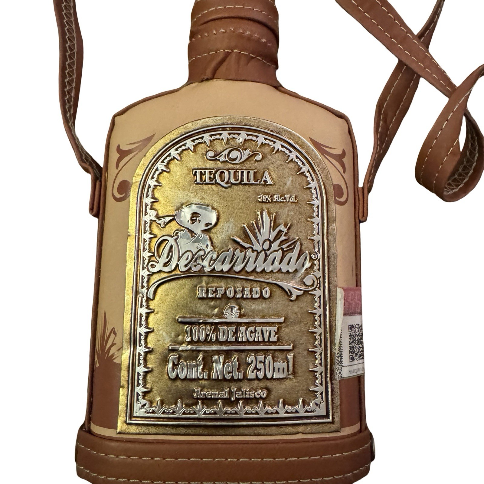 Descarriado Tequila Bottle Empty Leather Flask Strap Brown Collectible 250ml