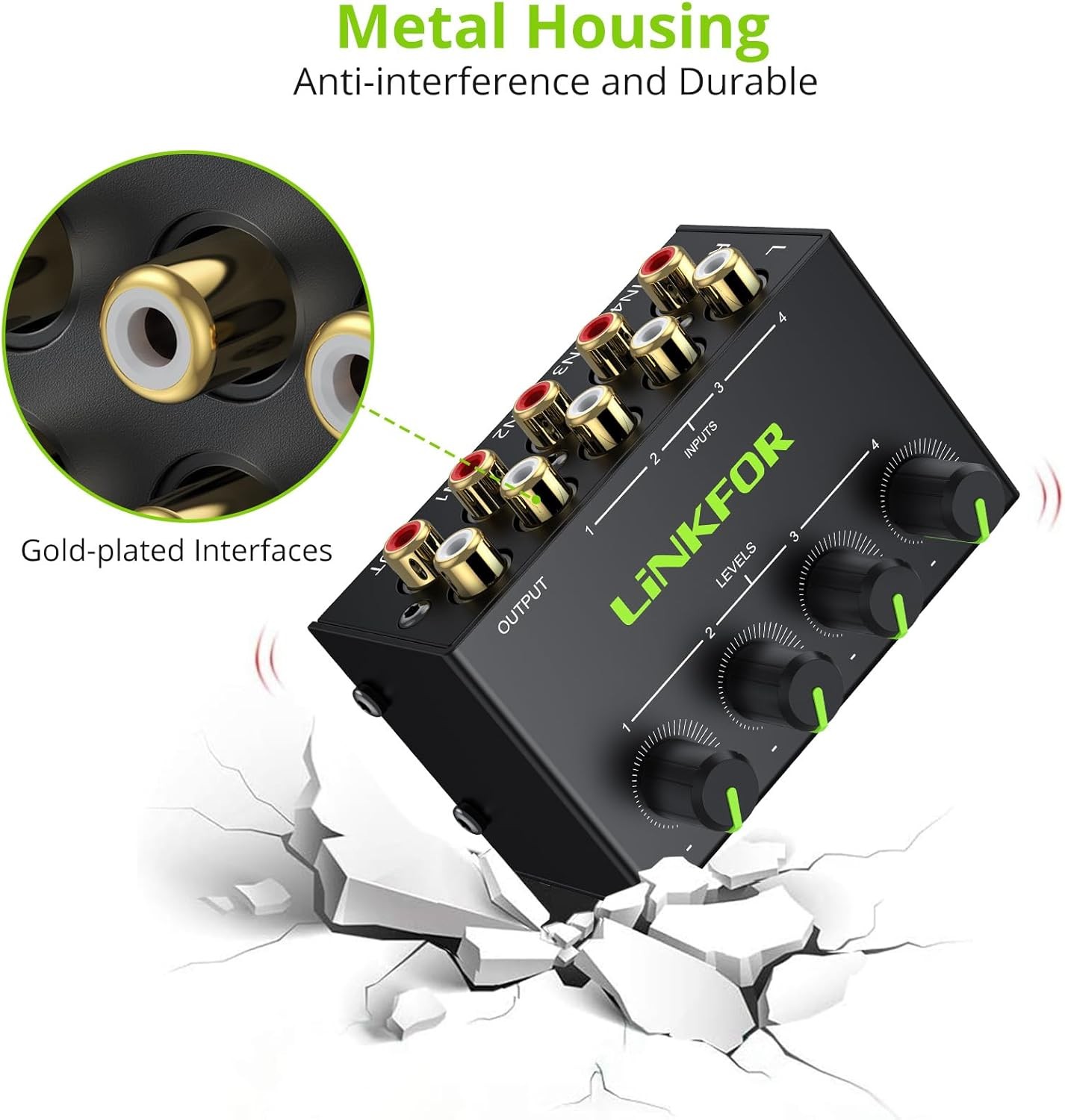4 Channel Stereo Audio Mixer Mini Passive RCA Input Output with Volume Control
