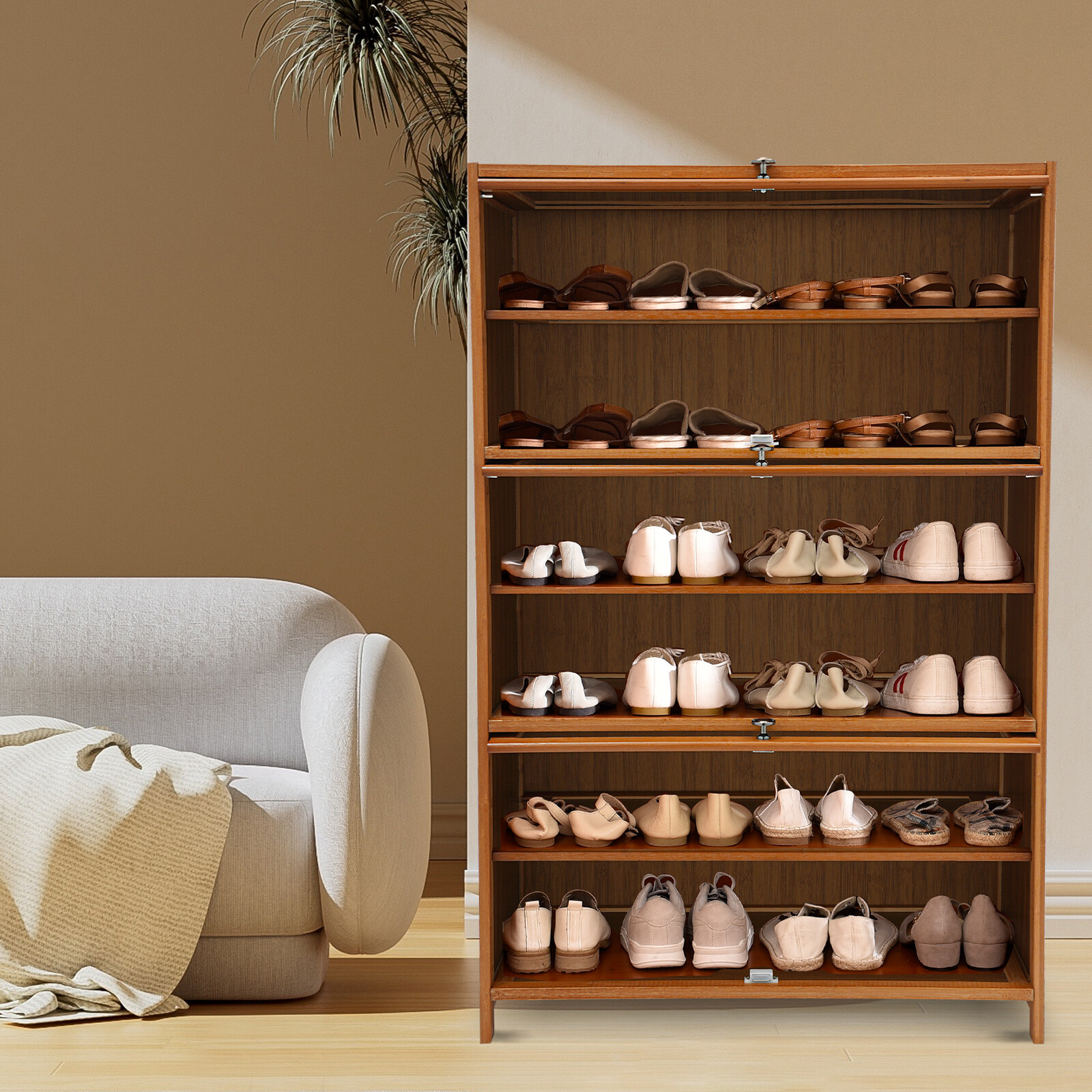 Shoe Organizer 6-Tier Storage Cabinet w/ 3 Flip-up Door 32" Entryway Bamboo