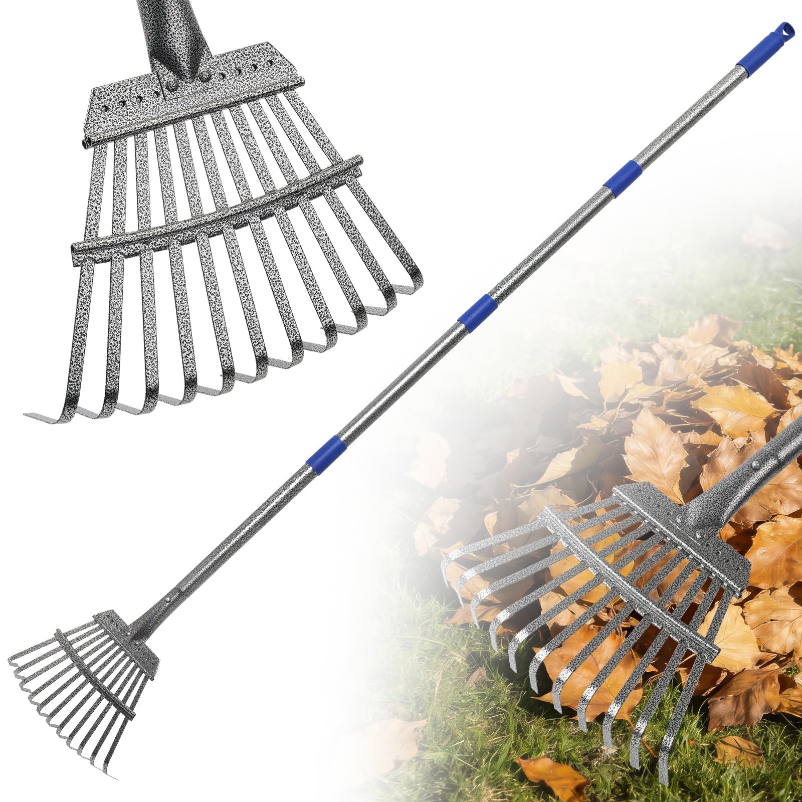 Garden Rake for Leaves,Heavy-Duty Small Metal Rake, 6 ft Adjustable Handle
