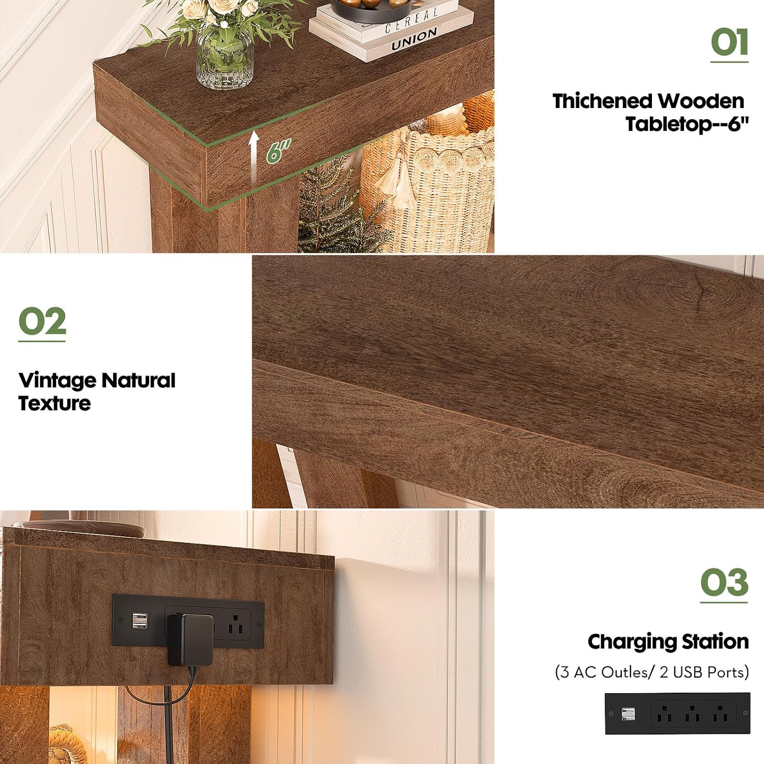 39" Entry Table with Power Outlet & Sensor Light, Rustic Oak | Narrow Foyer Tabl