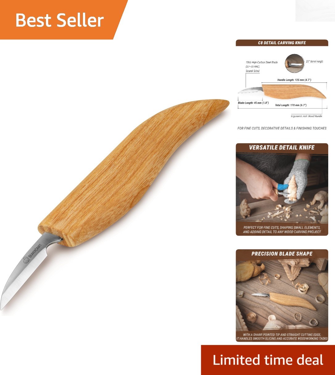 C8 Wood Chip Carving Knife 1.8" - Ergonomic Whittling Tool for Detail and Pre...