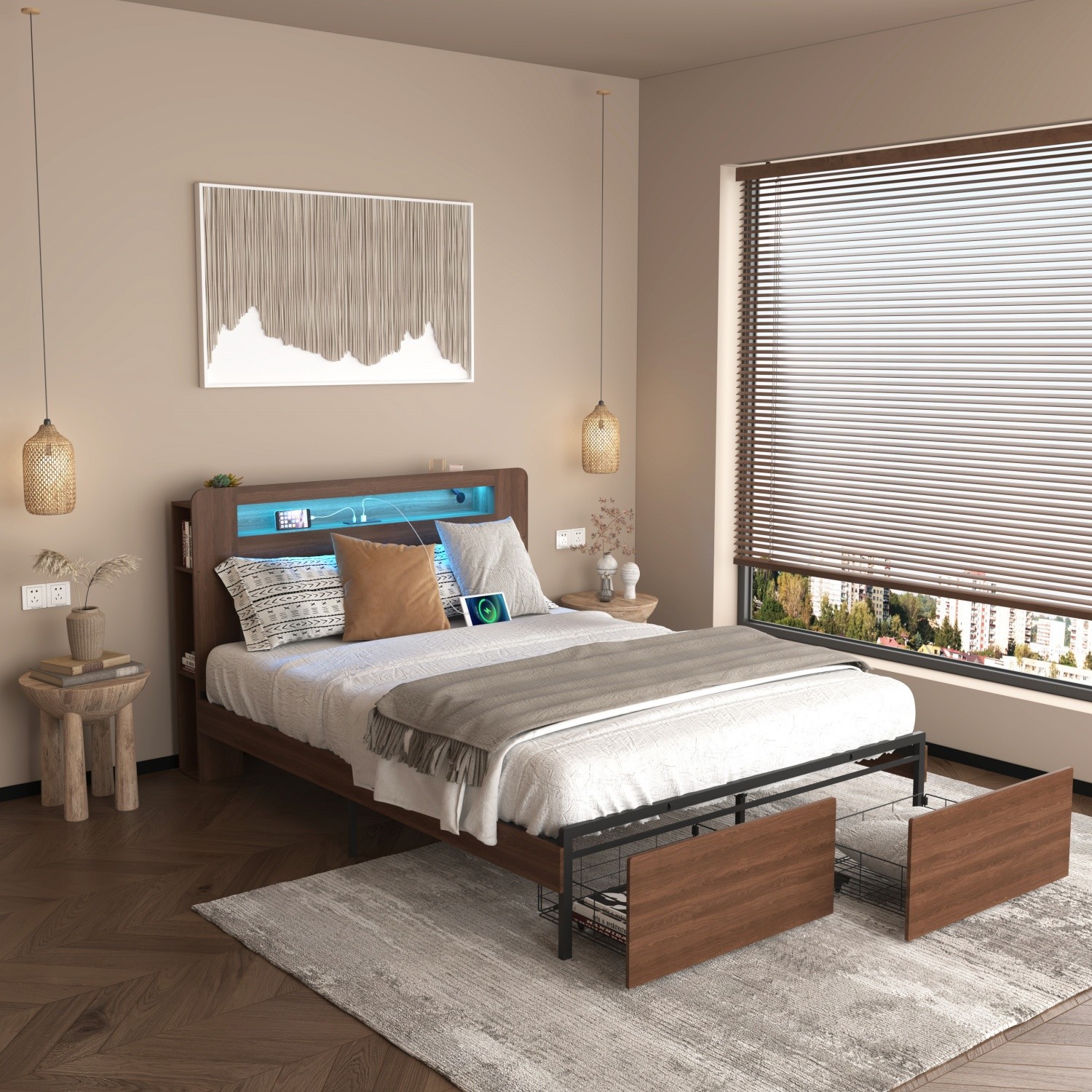 Full/Queen Size Wood Platform Bed Frame w/ LED Storage Headboard and 2 Drawers