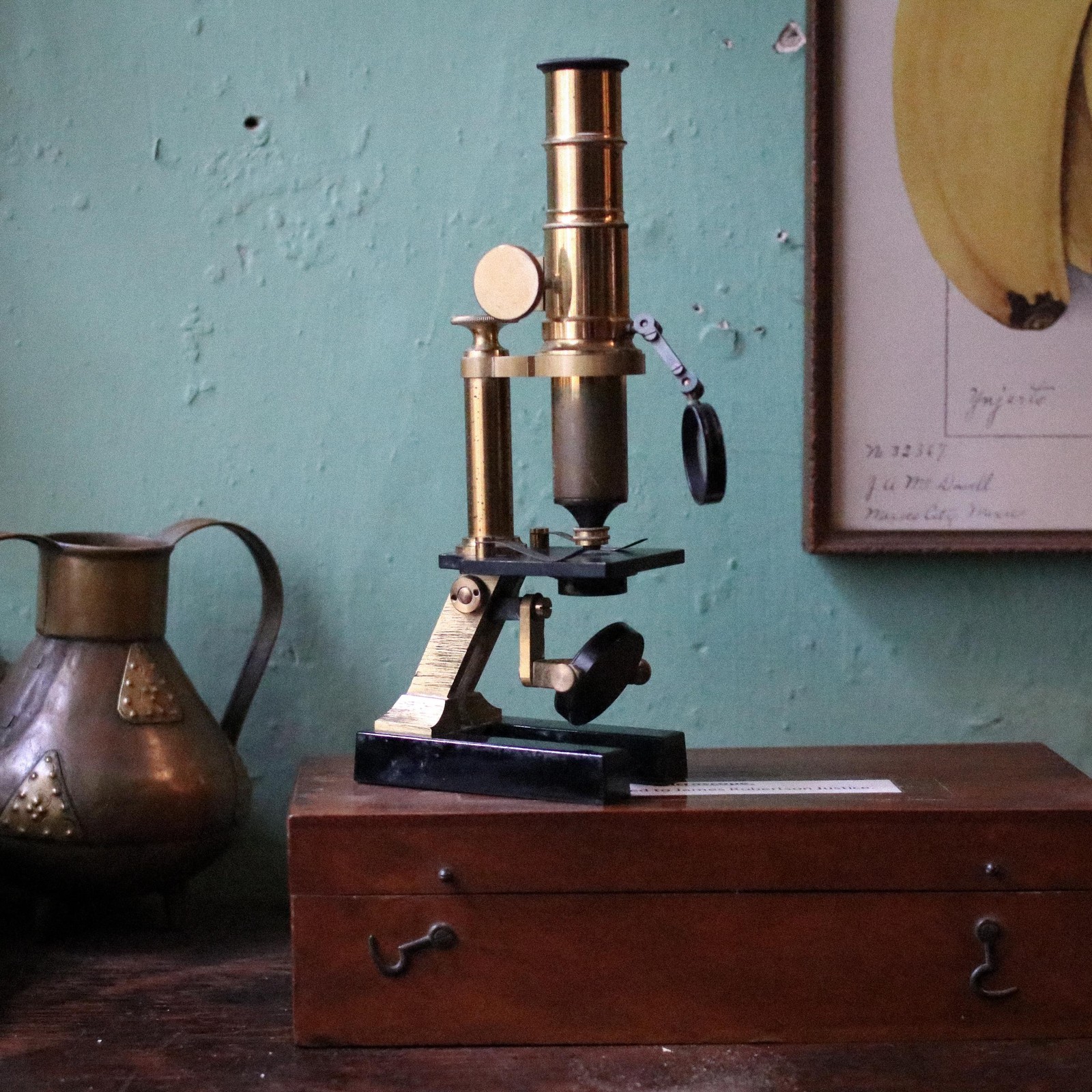 Antique Brass Field Microscope In Original Mahogany Case – Scientific Instrumen