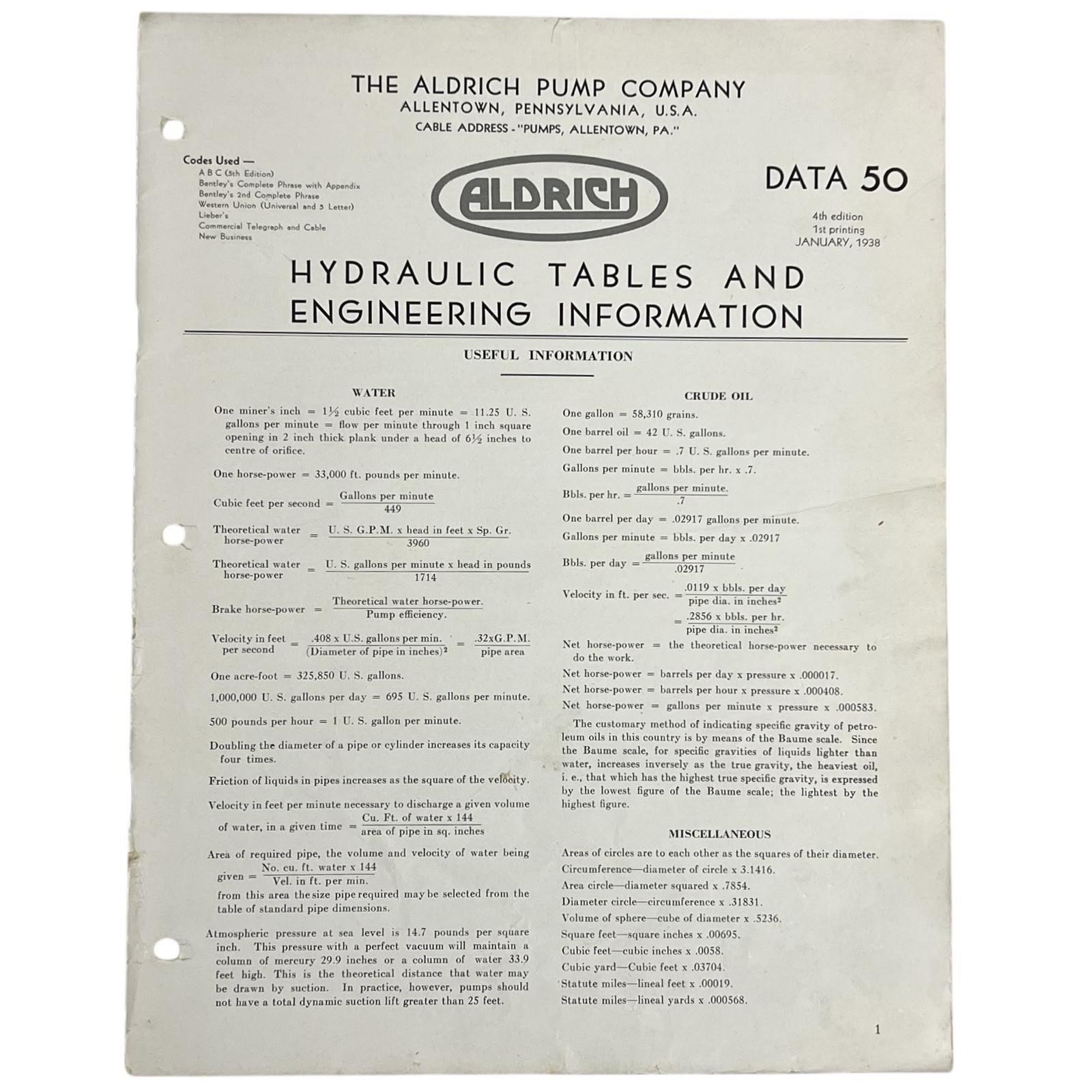 1938 Aldrich Pump Co Hydraulic Tables Engineering Data 50 Manual Allentown PA