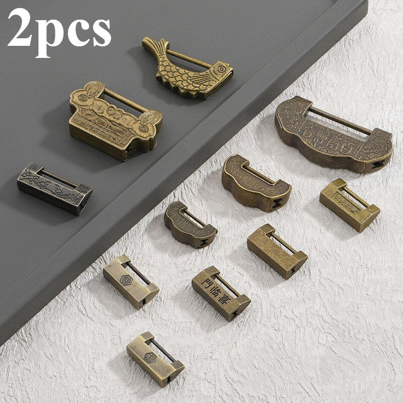 2pcs Carved Word Padlock Mini Vintage Antique Lock and Key Chinese Jewelry Box