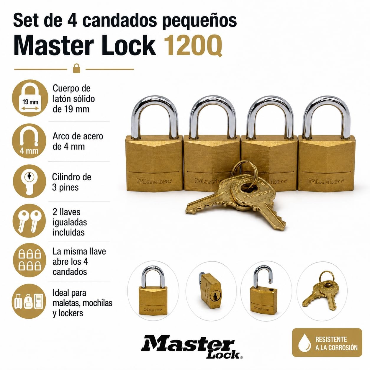 Master Lock Padlock, Solid Brass Lock, 3/4 in. Wide, 120Q 4 Pack, 3/4" 4-Pack