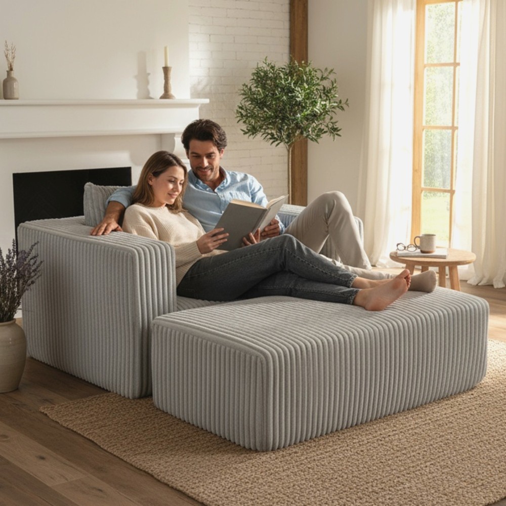 Modular Oversized Corduroy Floor Couch with Ottoman, All-Foam Deep-Seat