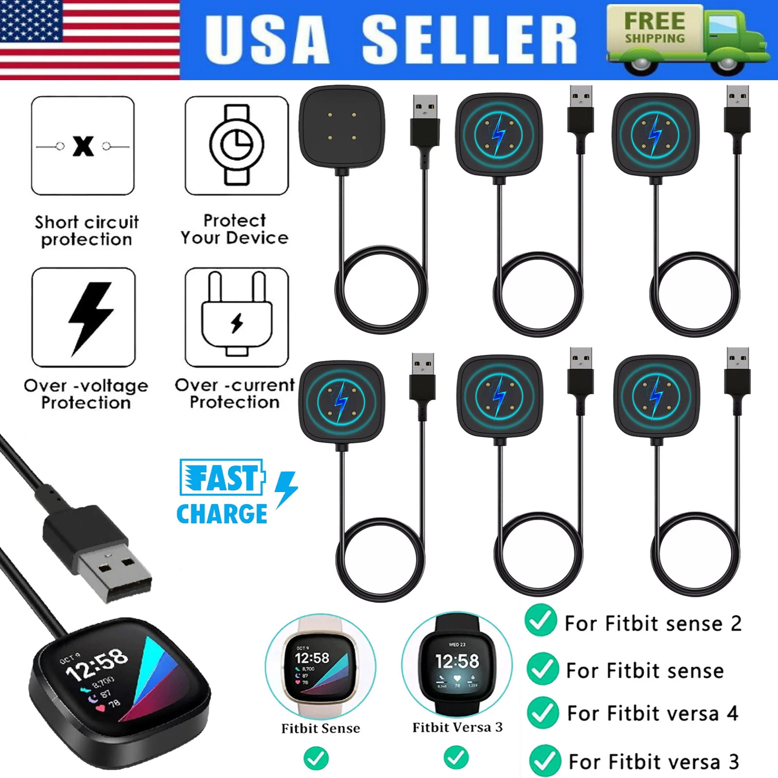 Wireless Charger For Fitbit Sense Versa 3 4 Watch USB Fast Charging Dock Cable