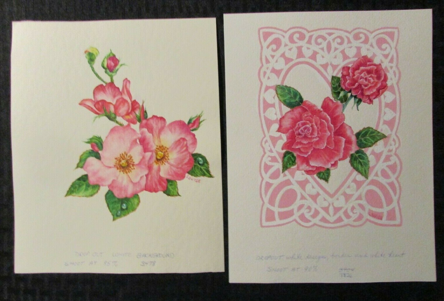 VALENTINES Pink Flowers Heart Border 8x10" Greeting Card Art #3478 3826 LOT of 2