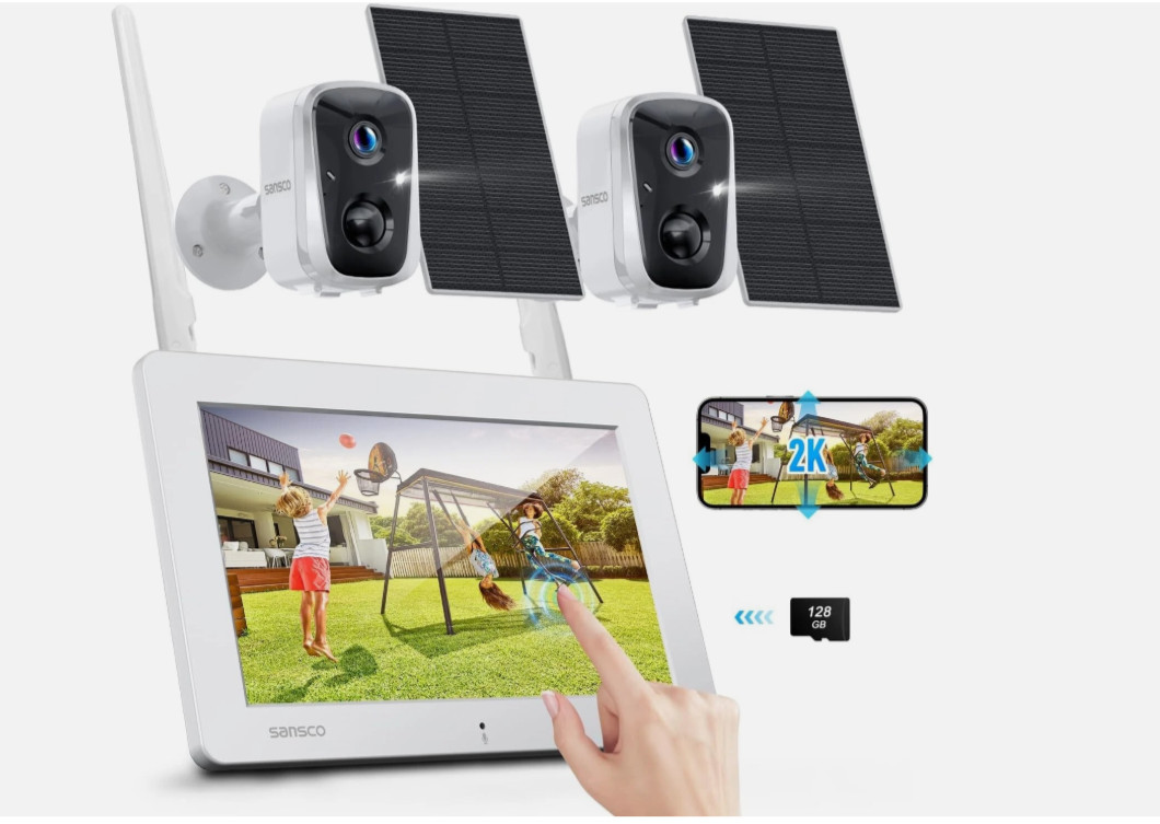 SANSCO 2K Solar Wireless Security Camera System with 4CH 7" Touchscreen Monitor