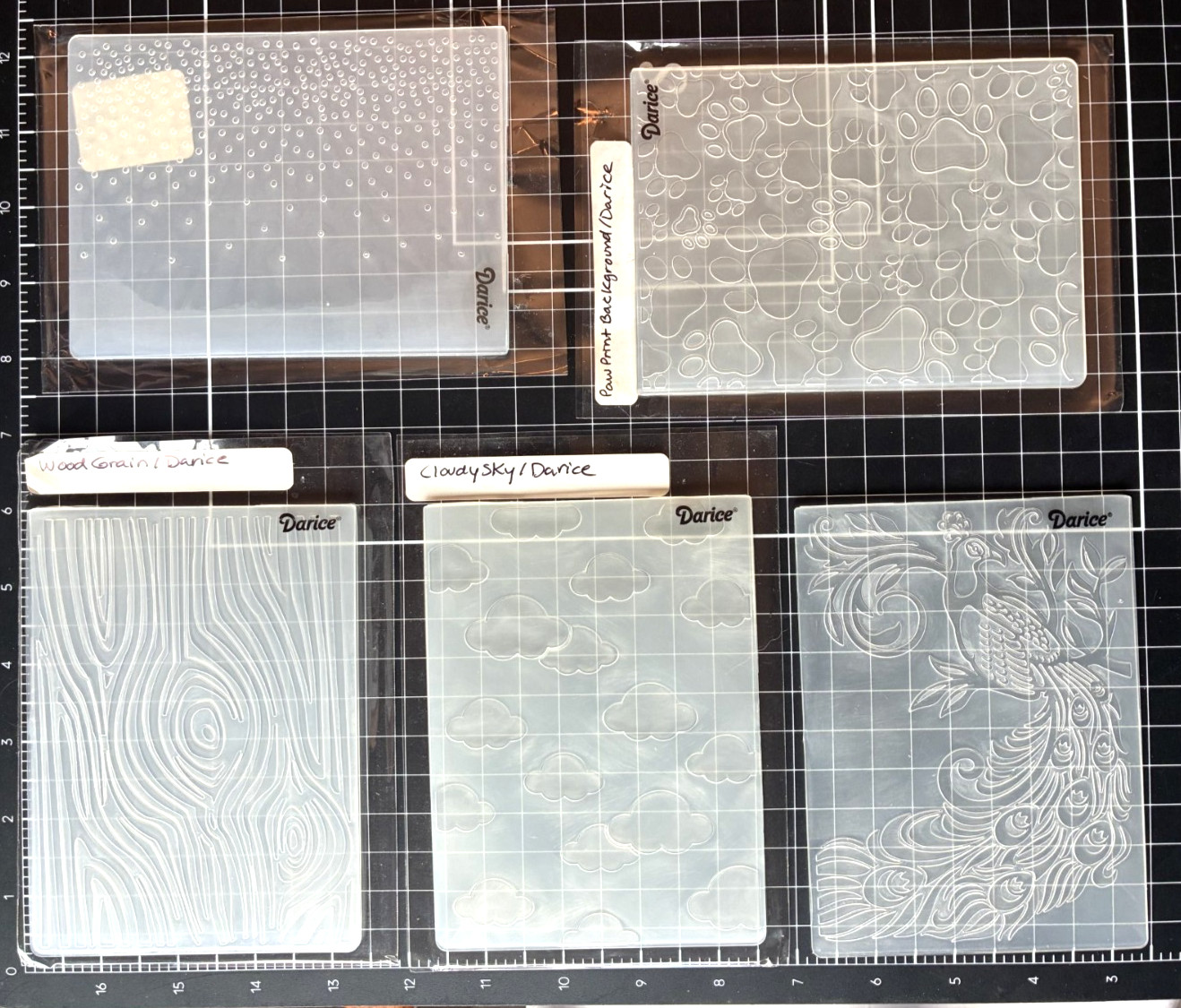 Darice Embossing Folders FALLING DOTS, PAW PRINT, CLOUDY SKY, WOODGRAIN, PEACOCK