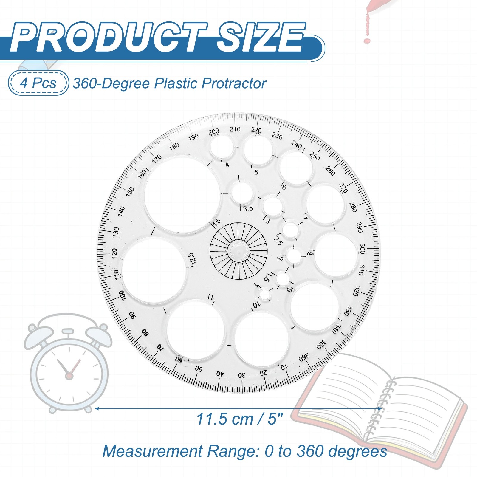 360-Degree Plastic Protractor, 4Pcs Circle Template Supplies, Transparent