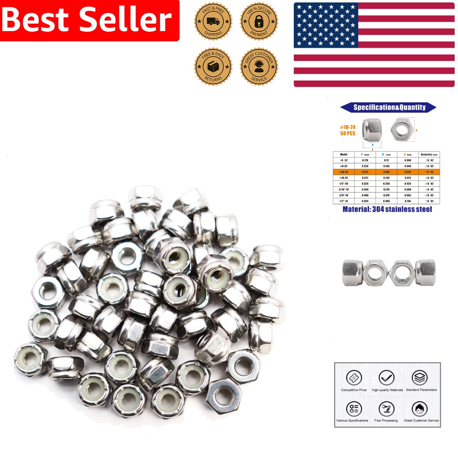 Self-Locking Hex Nylon Nuts 304 Stainless Steel #10-24 UNC Anti-Vibration 50 Pcs