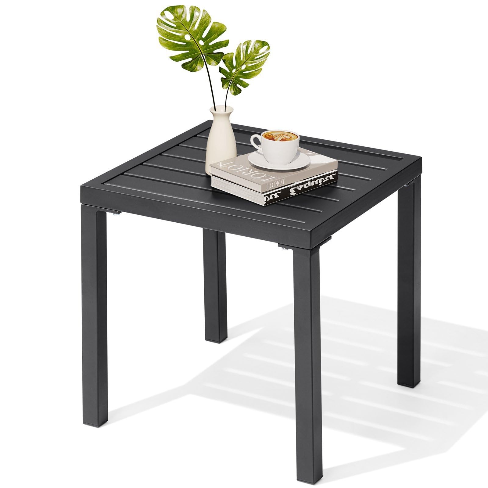 Outdoor Side Table, Black Small Square Metal End Table with Easy Assembly, We...