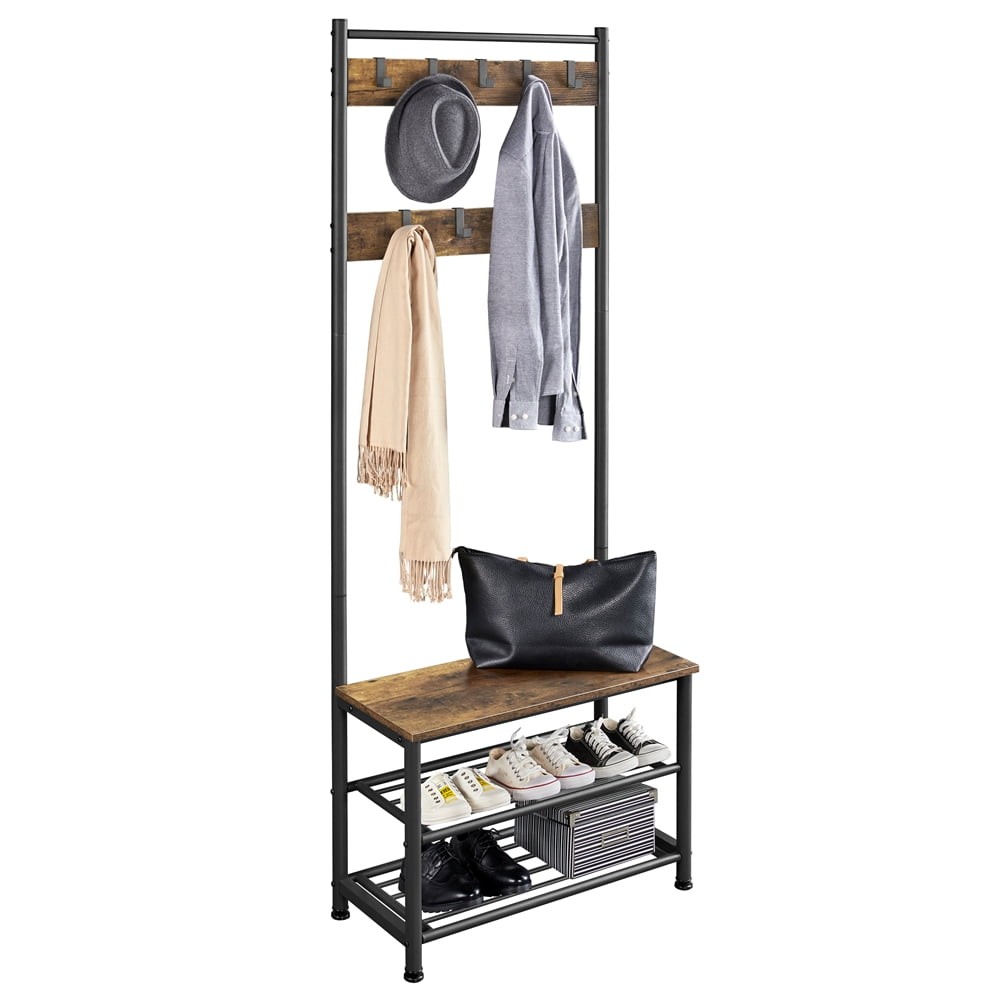 73" Metal Hall Tree W/ Shoe Storage Bench Rustic Brown