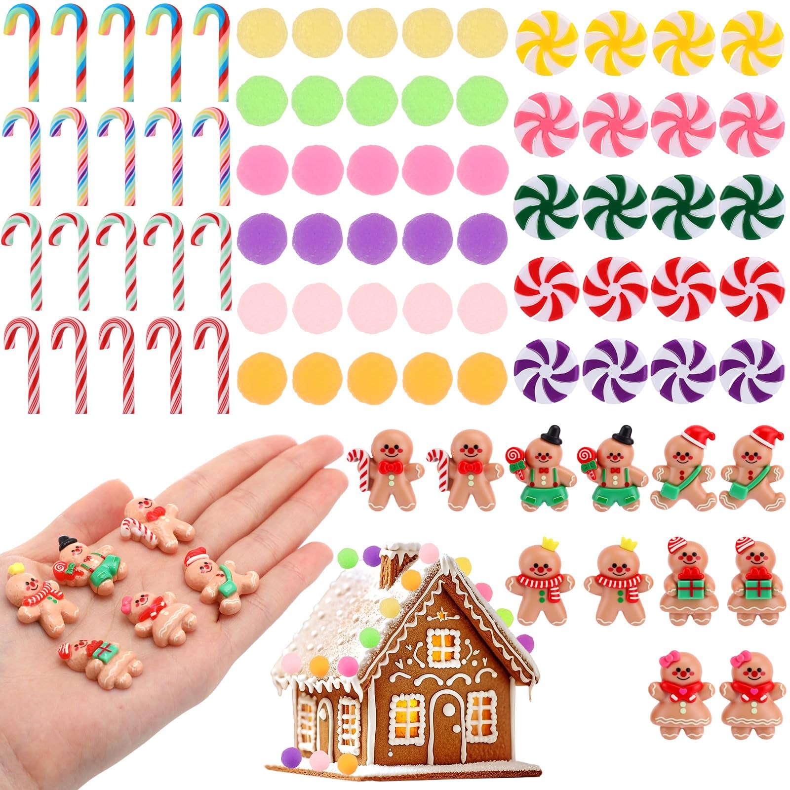 92 PCS Mini Christmas Candy Canes Plastic Fake Decor Gingerbread Man Ornaments