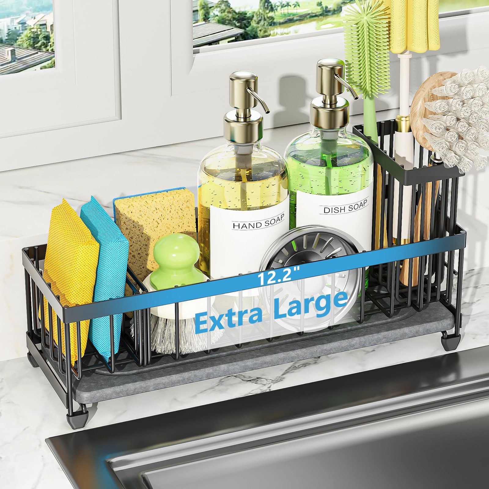 Extra Large Sink Caddy Organizer with Drying Stone, Black Sponge Holder for K...