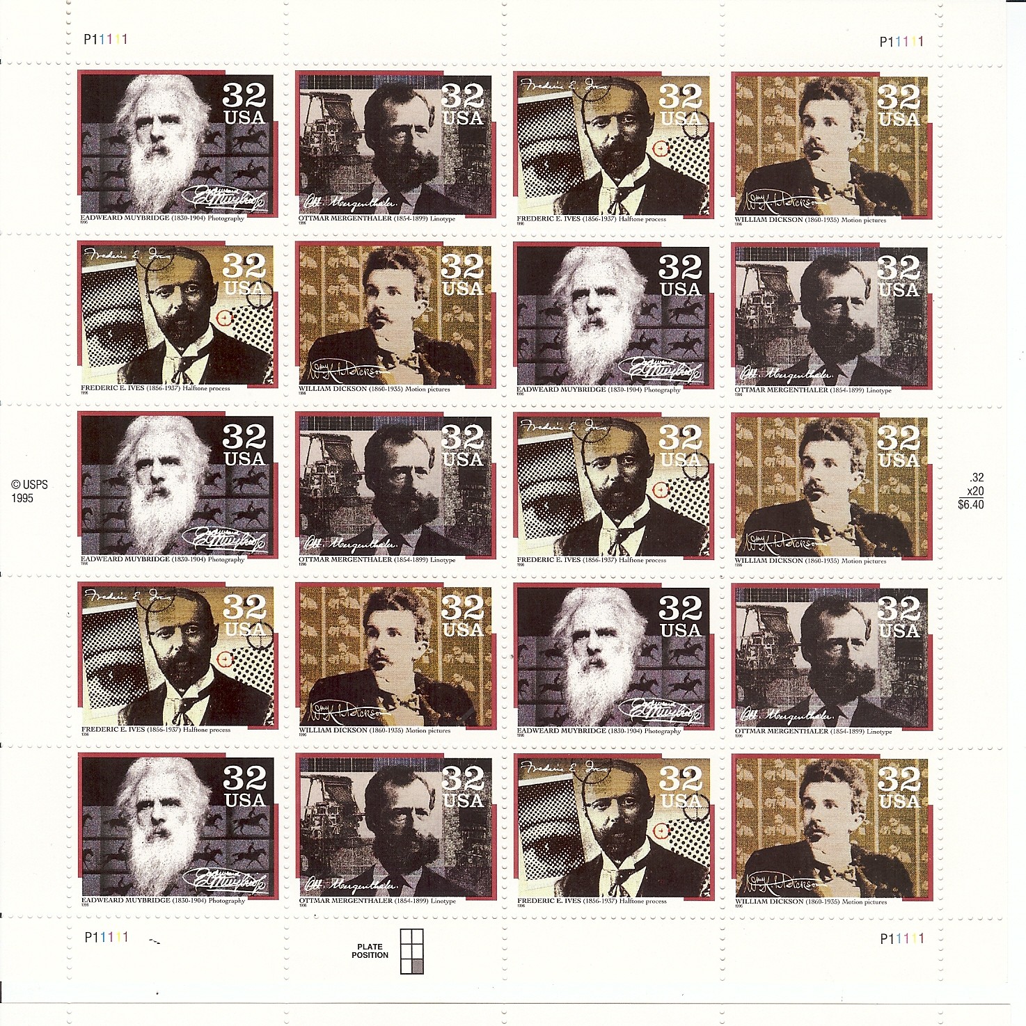 #3061-64 Pioneers of Communication Full Sheet of 20/32 cent stamps MNH OG