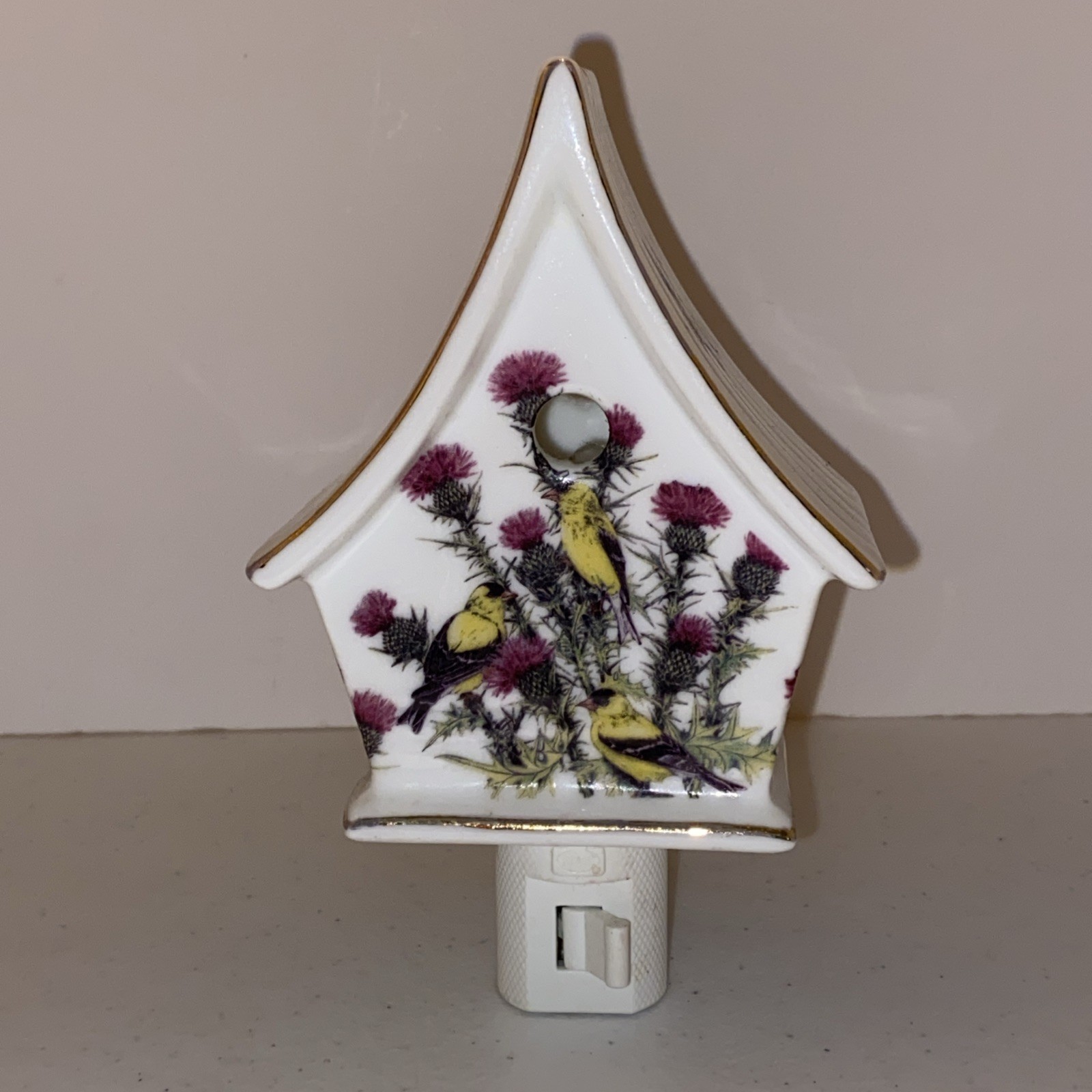 Porcelain Goldfinch Bird Nightlight House Gold Trim