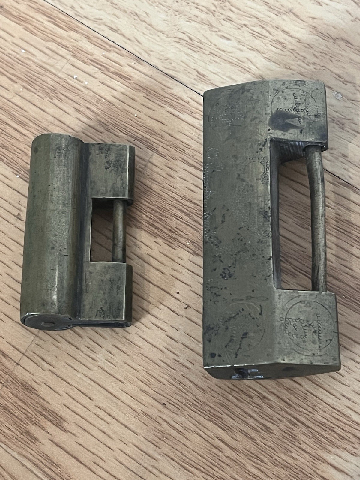 Vintage Chinese Brass Padlocks Lot 2 Engraved Cabinet Door Box Lock (NO KEYS)