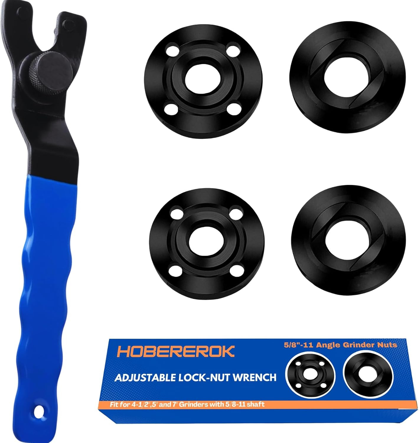 Angle Grinder Wrench, Adjustable & Angle Grinder Nut Kit (5PCS) – 5/8-11 Lock Nu