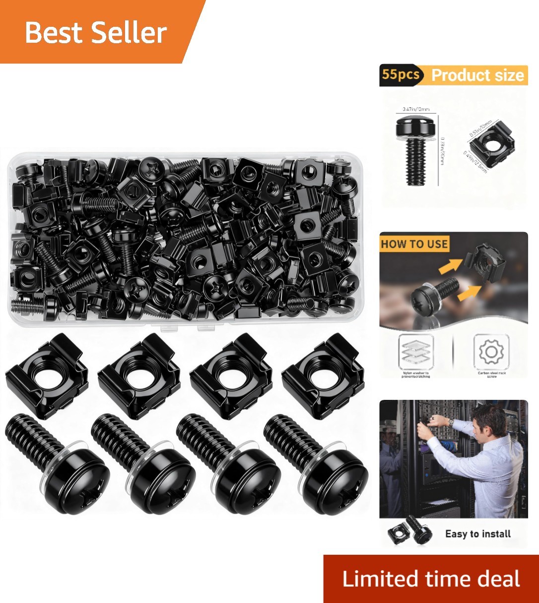High-Strength Carbon Steel Rack Mount Screws & Nuts - M6 x 20 mm Complete Kit