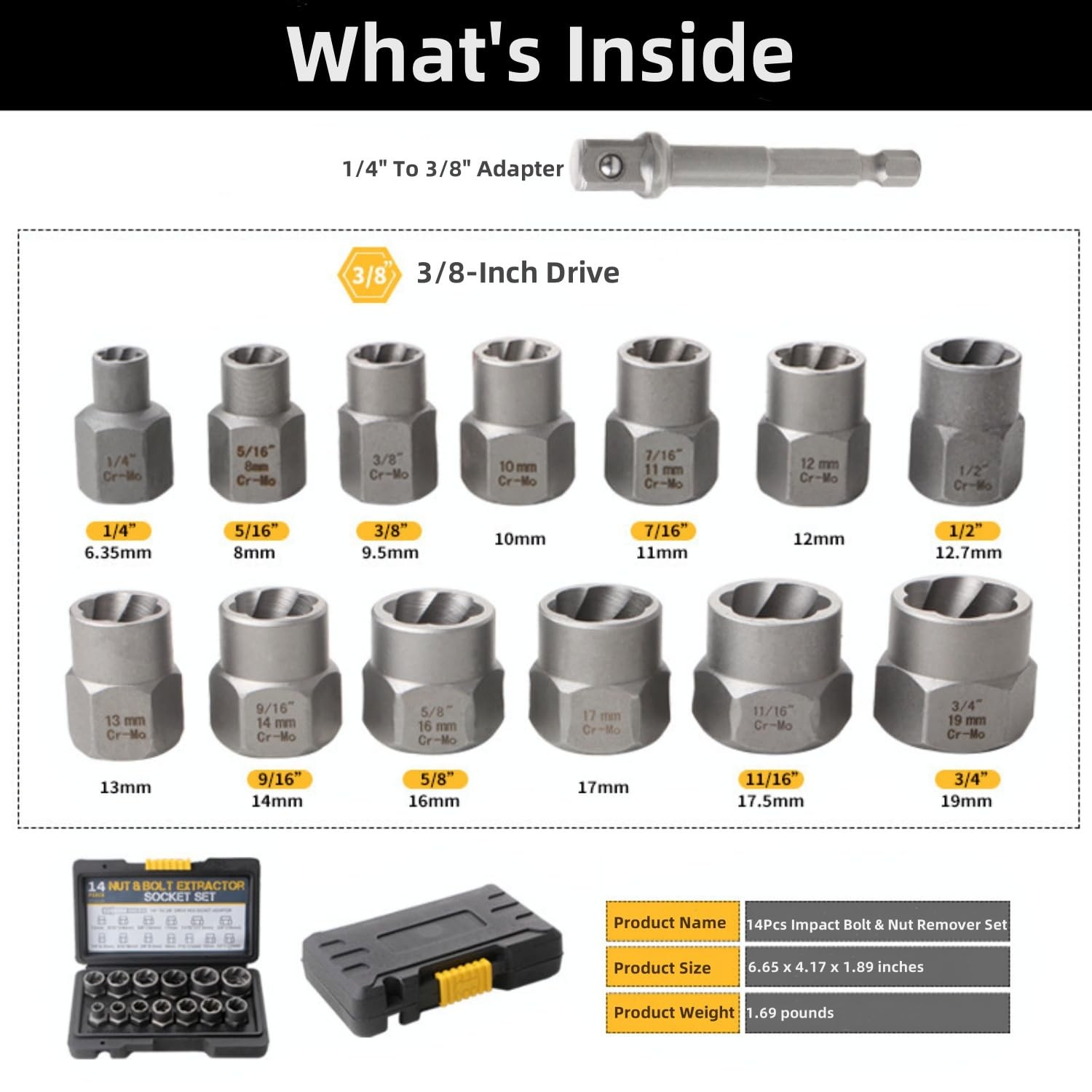 Bolt Extractor Kit,14 Pcs Nut Extractor Socket Set,1/4”-3/8” Drive Drive Roun...