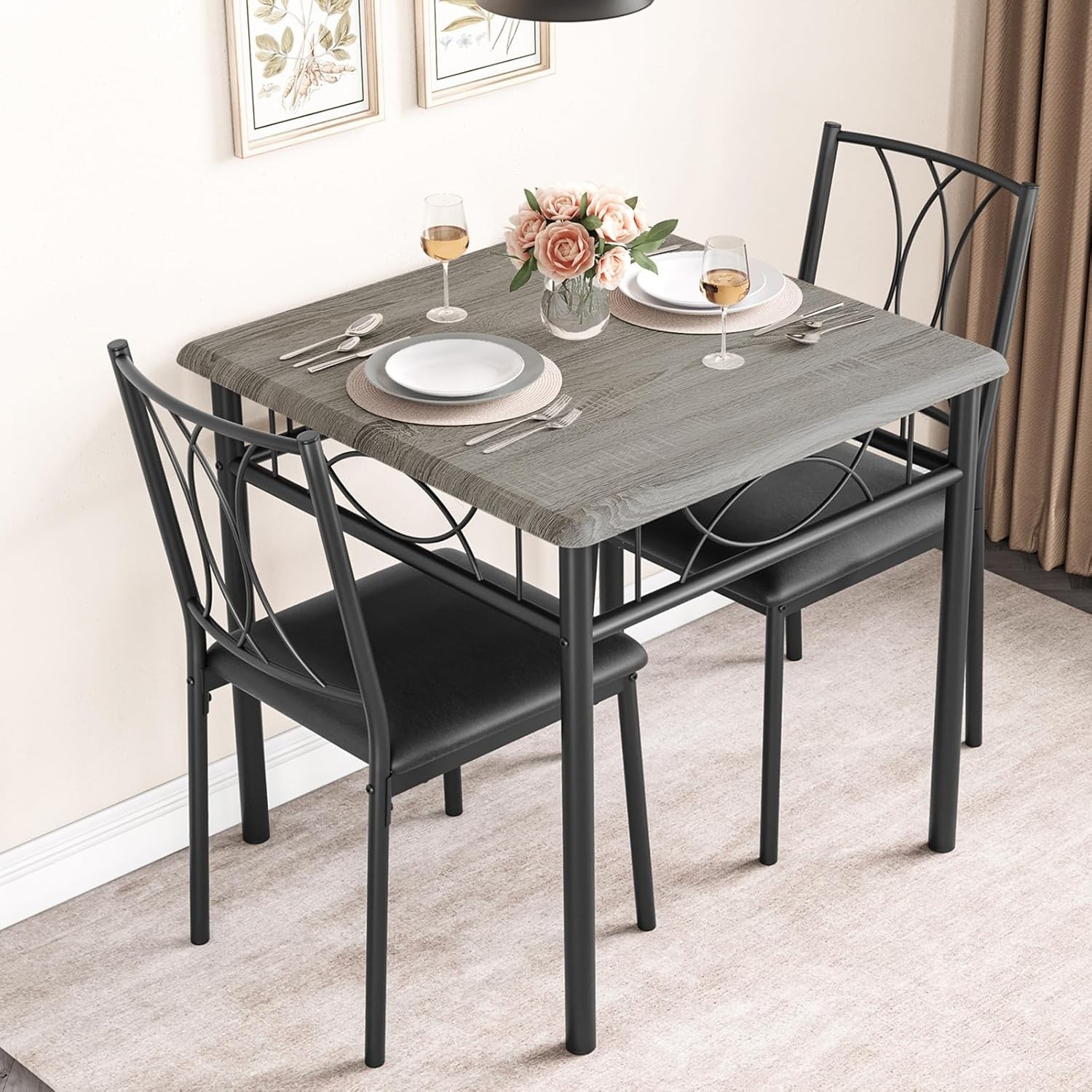 Dining Table Set for 2 Square 3 Piece Kitchen Room Sets with 2 Upholstered Chair