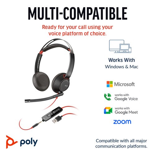Poly Blackwire 5220 Stereo USB-C Headset with USB-C to USB-A Adapter Bundle
