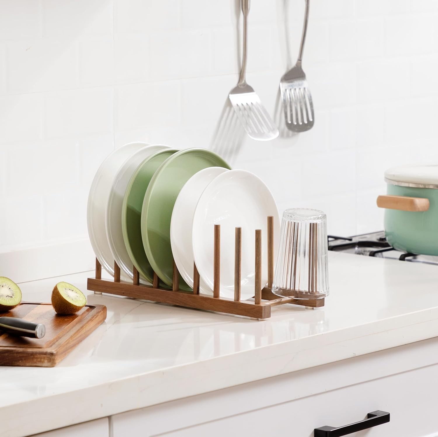 Durable Acacia Wood Dish Rack with Vertical Pegs for Kitchen Organization