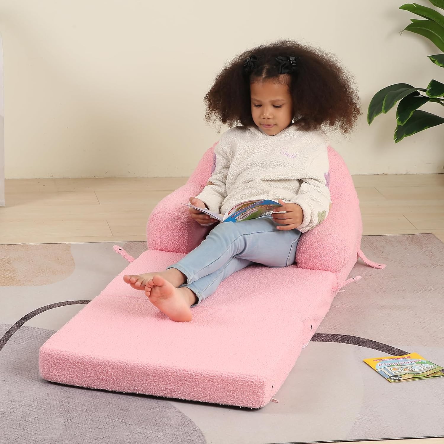 Kids Sherpa Sofa w/ Tri-Layer Foam Cushions, Comfy Toddler Seating, Pink