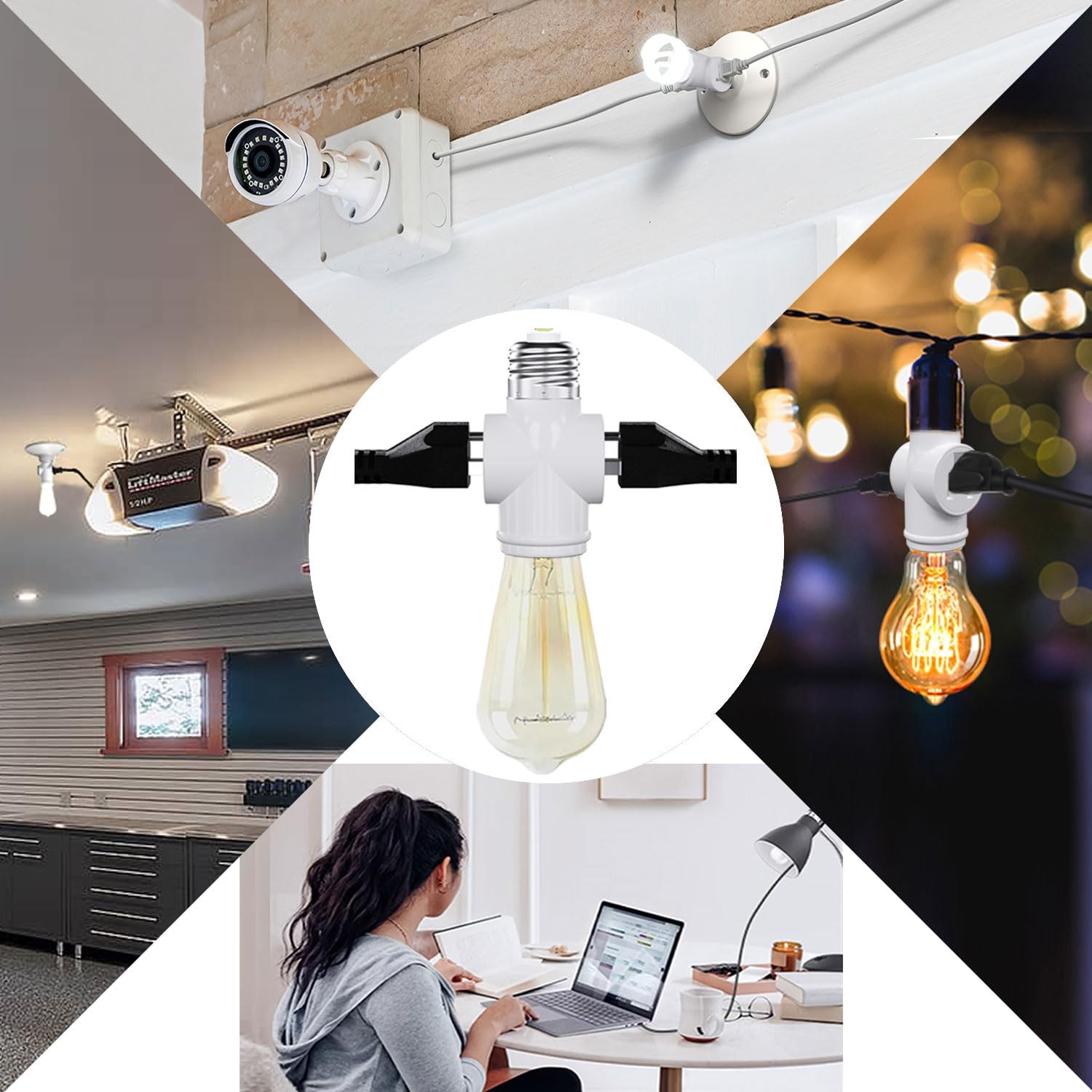 Light Socket Adapter, Convert E26 to 3-Prong Outlet White