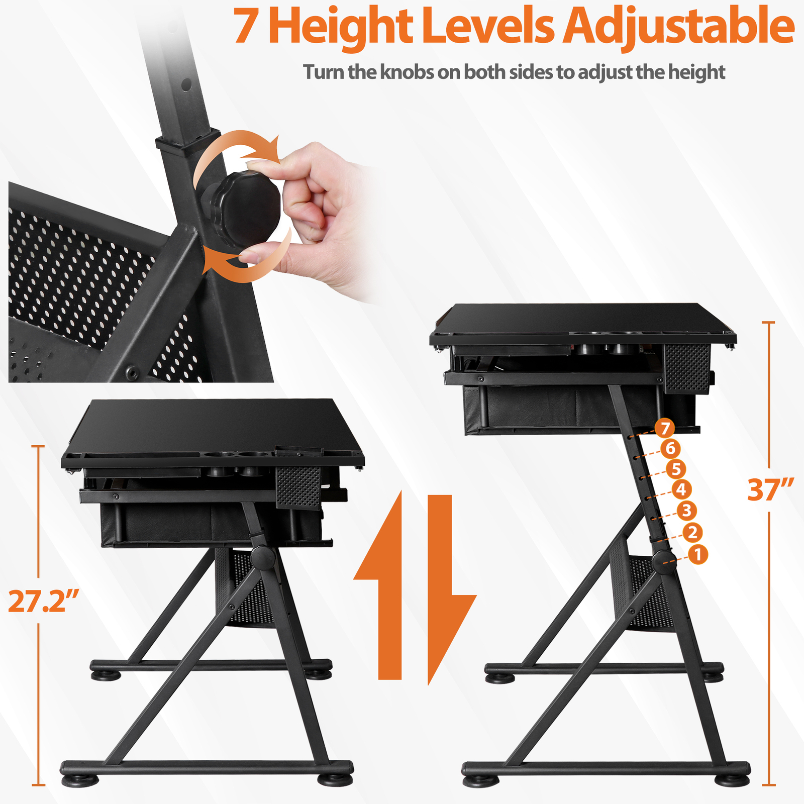 Adjustable Height Drafting Drawing Table Tiltable Tabletop Edge Stopper Black