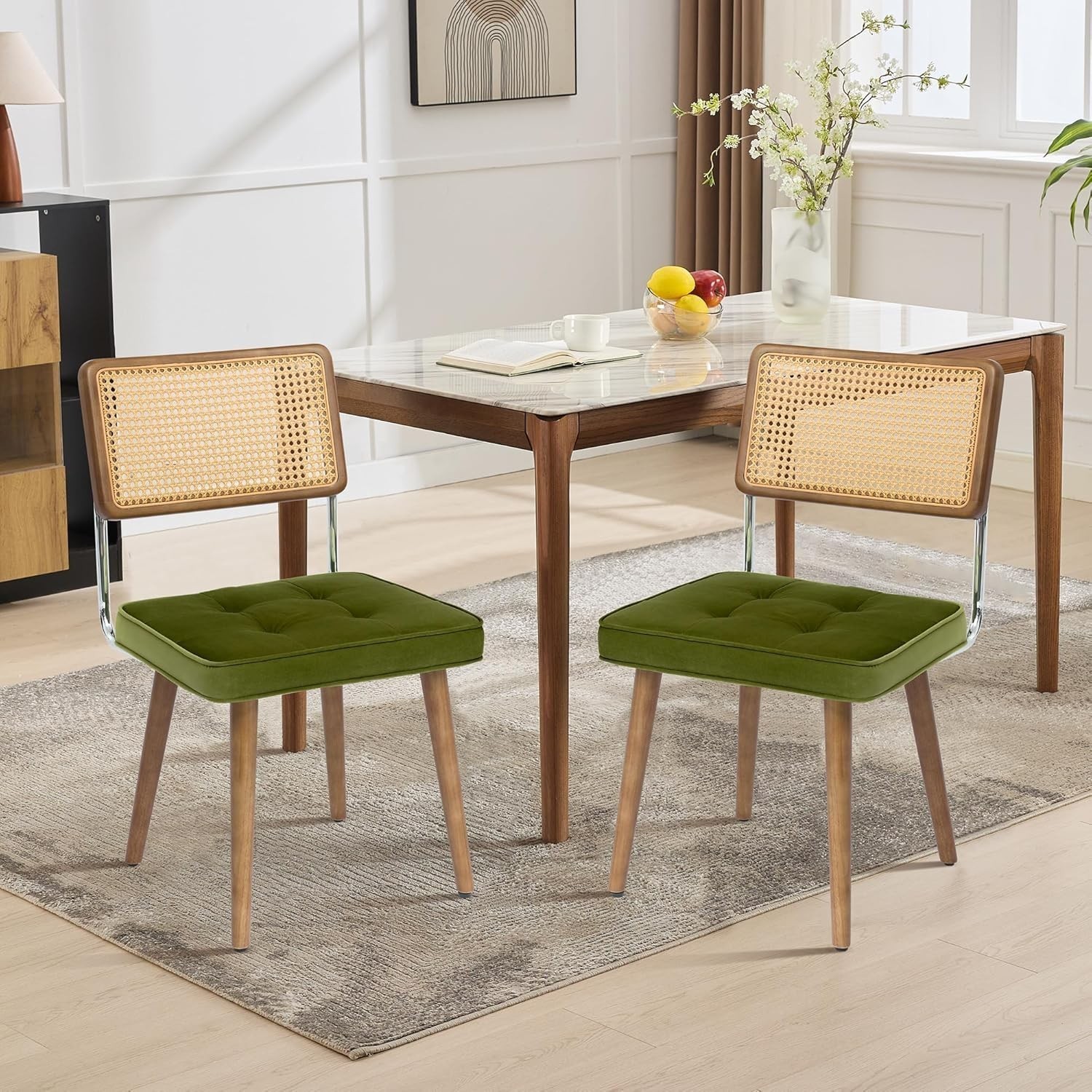 Dining Chair Set of 2 Rattan Wood Backrest Velvet Upholstered Mid-Century Modern