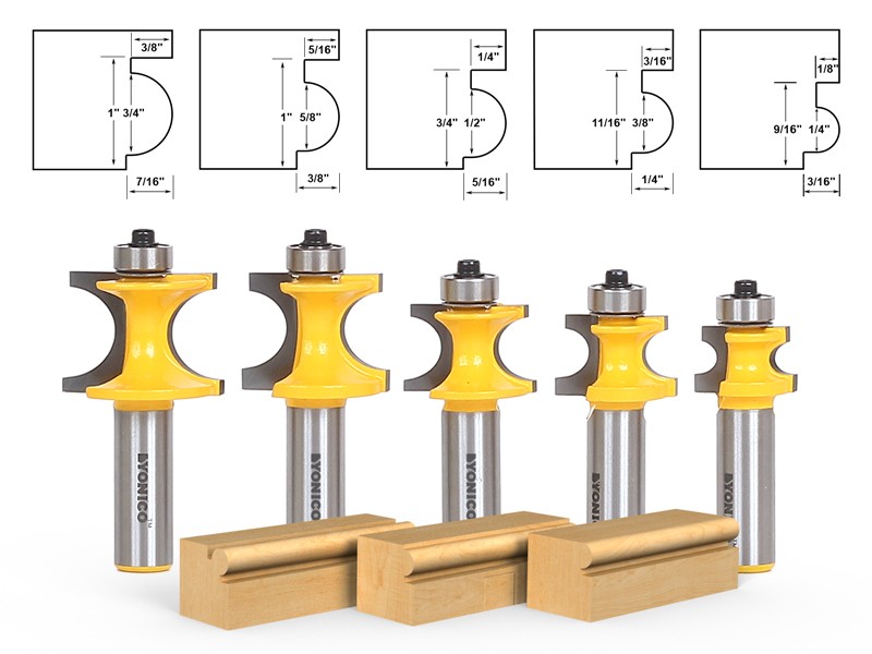 5 Bit Corner Bead Router Bit Set - 1/2" Shank - Yonico 13516
