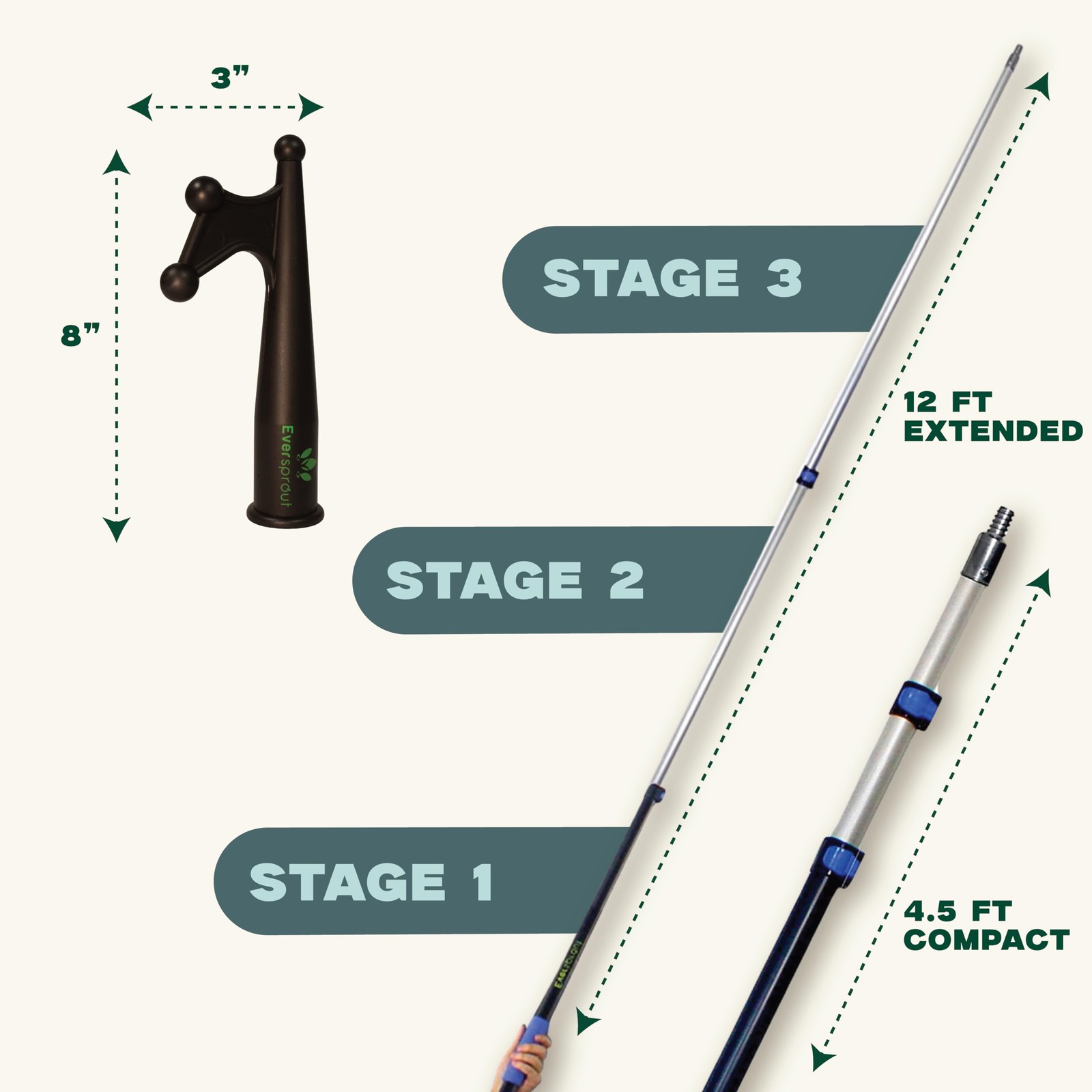 EVERSPROUT 4.5-to-12ft Durable Telescoping Boat Hook – Lightweight Push Pole for