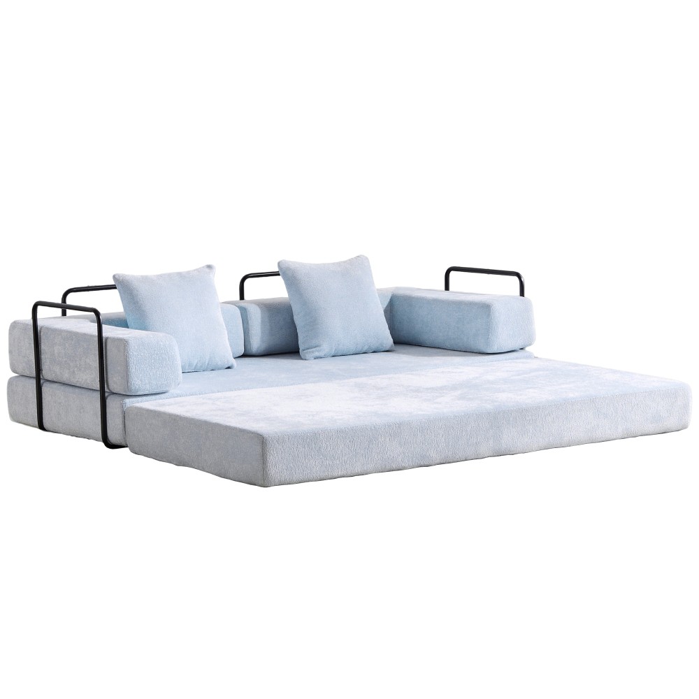 Convertible Floor Sofa Bed, 3 Seat Folding Futon w/ Pillow, Chenille, Light-Blue