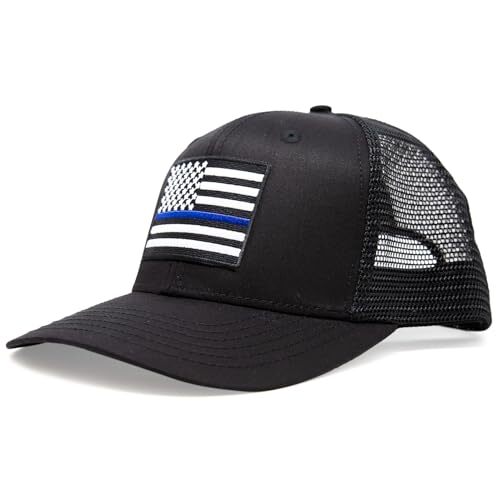 USA Thin Blue Line Flag Hats - Snapback Trucker Baseball Hat (All Black)
