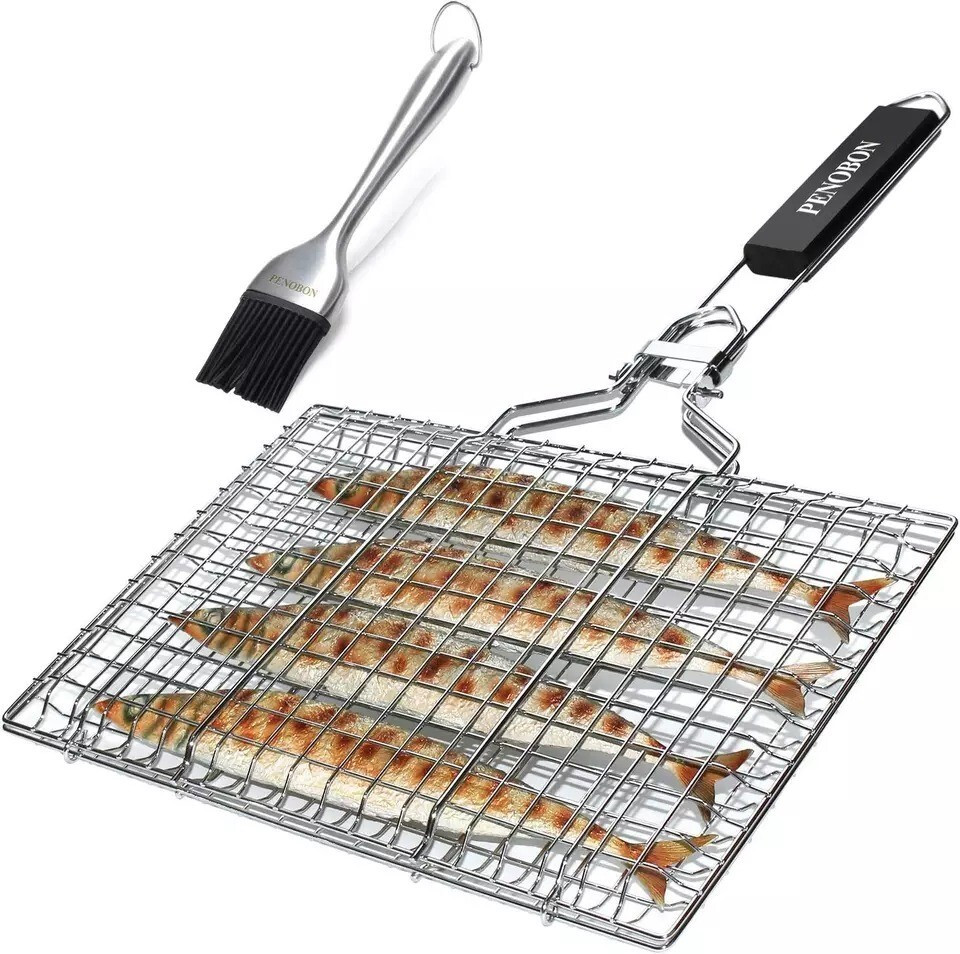 Parrilla De Barbacoa Plegable Con Cesta Para Asar Pescado De Acero Inoxidable
